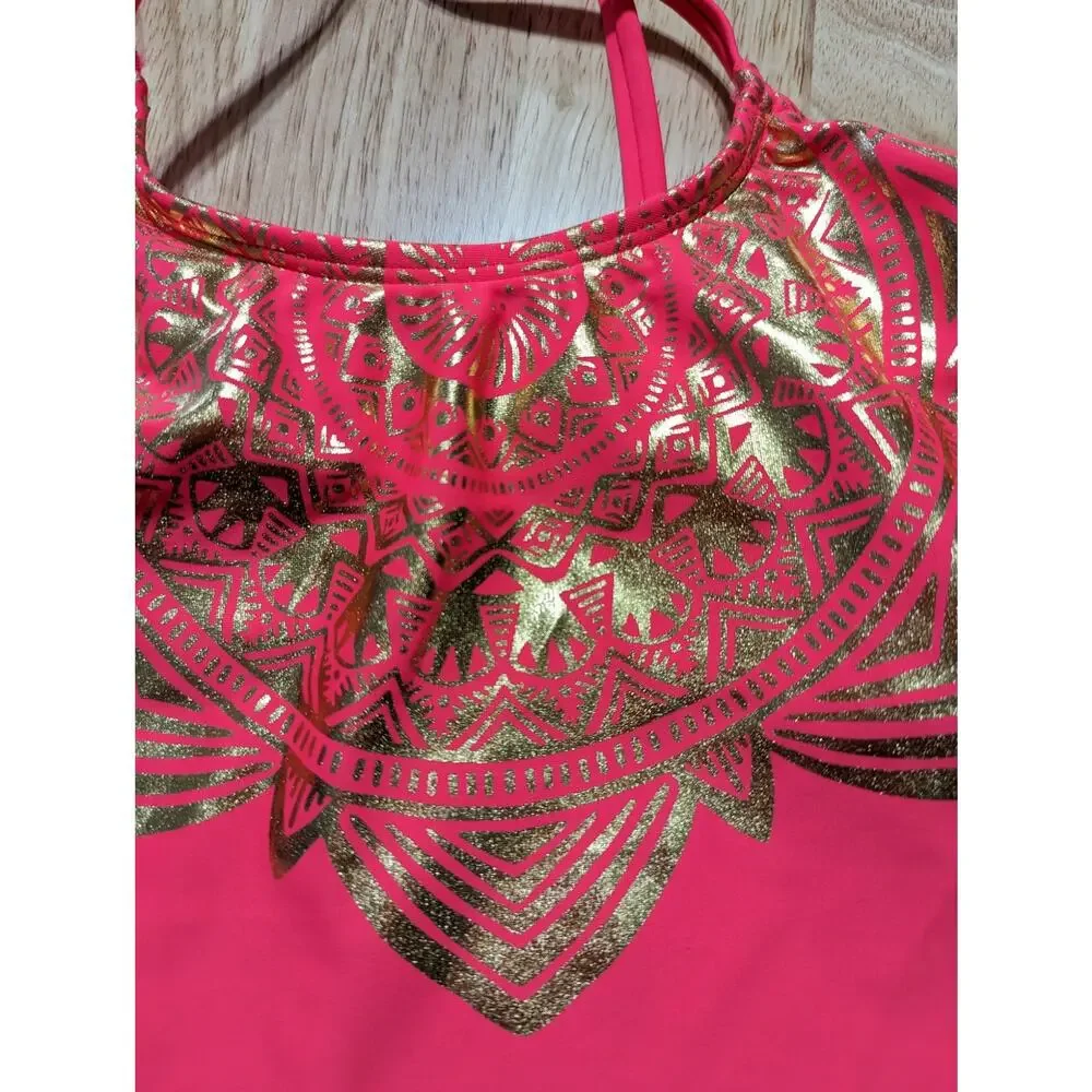 Glitter Beach Big Girls Flounce Bikini Top Foil Print, Coral Pink‎ Size 14